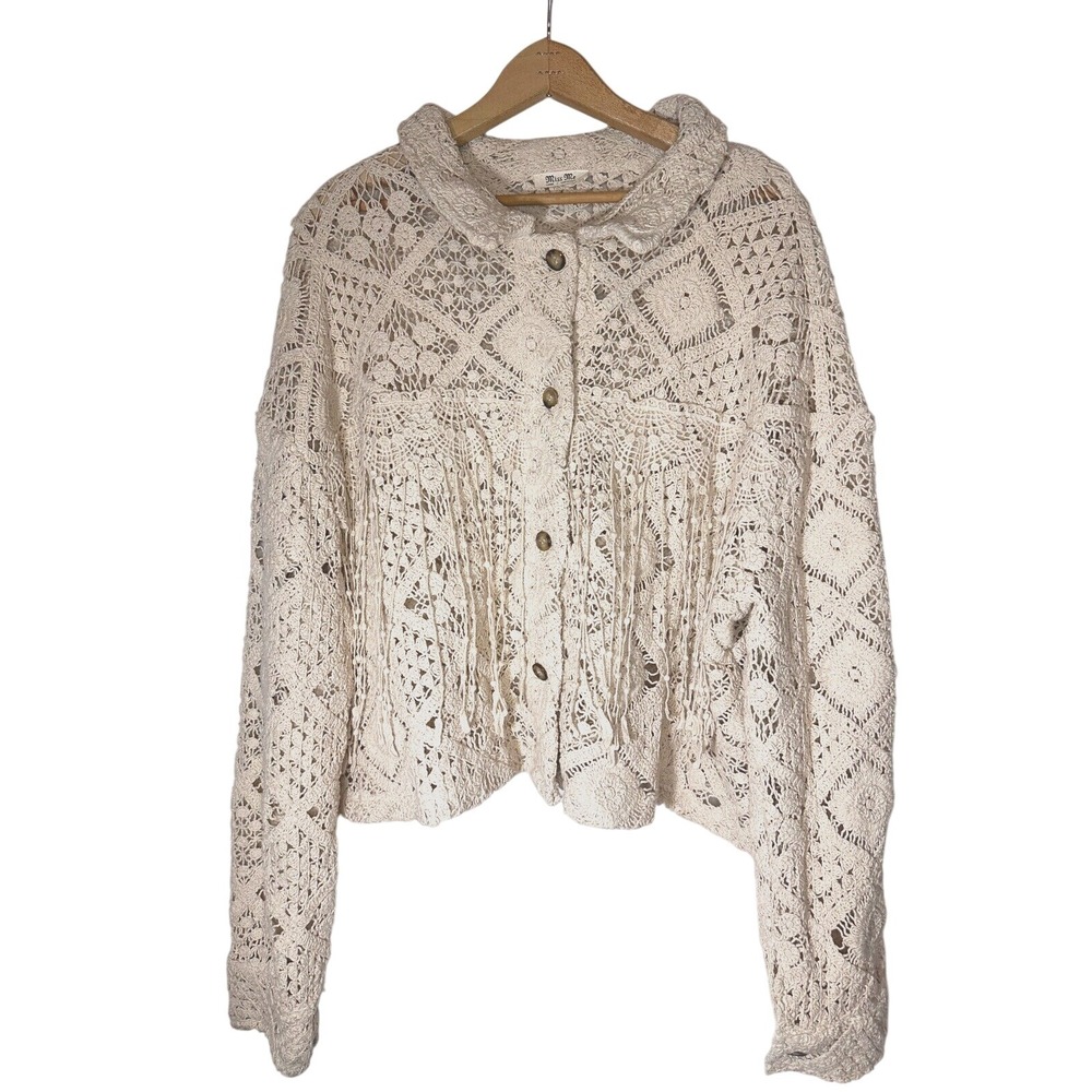 Miss Me Cream Crochet Fringe Button-Up Jacket
